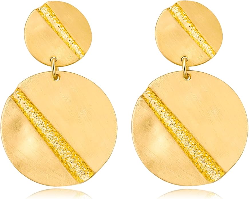 Stud Earrings for Women 14k Gold Plated Geometric Dangle Earrings Lightweight Minimalist Handmade Hammered Texture Oval Disc Drop Double-layer Big Hoop Dangle Earrings for Women