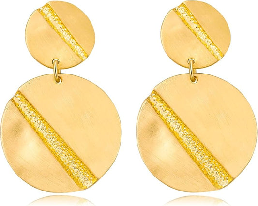 Stud Earrings for Women 14k Gold Plated Geometric Dangle Earrings Lightweight Minimalist Handmade Hammered Texture Oval Disc Drop Double-layer Big Hoop Dangle Earrings for Women