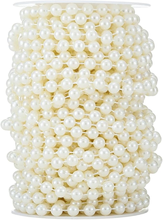 Rytenz Pearls String Bead, Ivory Color Faux Pearl Beads Roll Strand for Wedding Party Christmas Tree and Flowers Decorations Garland DIY Crafts (8mm- 60 Feet)