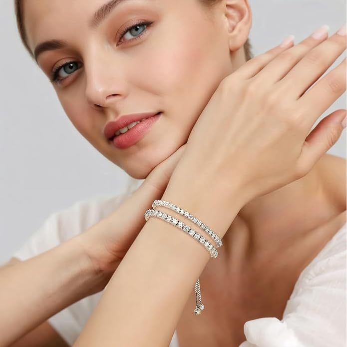 LOVE&LOVE Moissanite Tennis Bracelets for Women, 3mm & 4mm D Color VVS1 Round Cut｜925 Sterling Silver Adjustable Bracelet, Jewelry Gift Her Birthday Anniversary