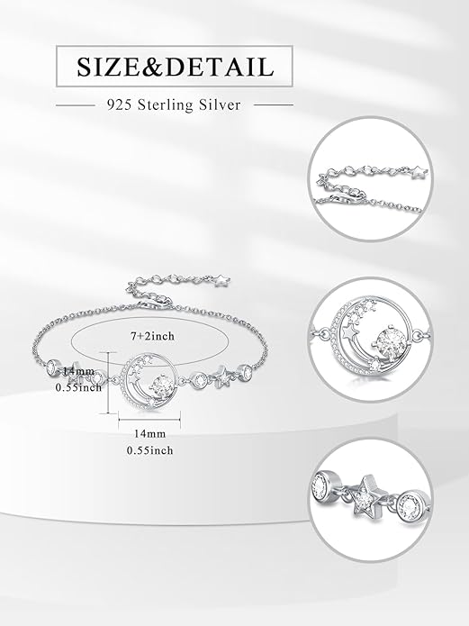Moon and Star Birthstone Charm Link Bracelet 925 Sterling Silver Moon and Star Bracelet with 12 Months Birthstone Birthday Jewelry Gifts for Women Mom Her,Chain Length 7"+2" Extend