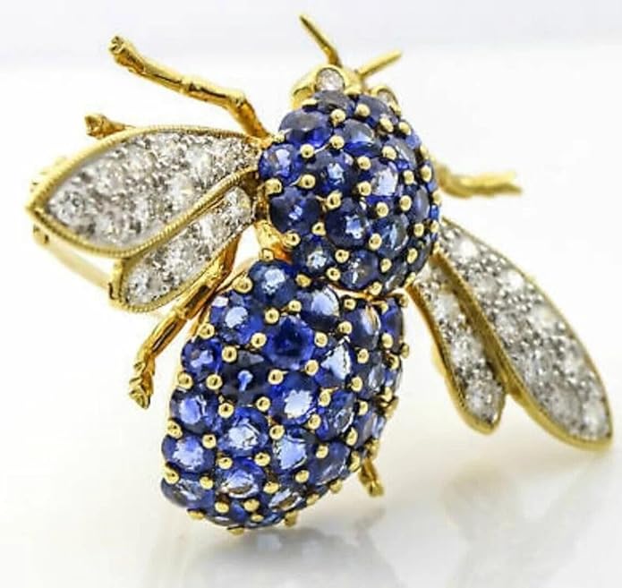 2.00 Ct Round Cut Blue Sapphire Diamond Honey Bee Brooch Pin 14K Yellow Gold Finish 925 Silver