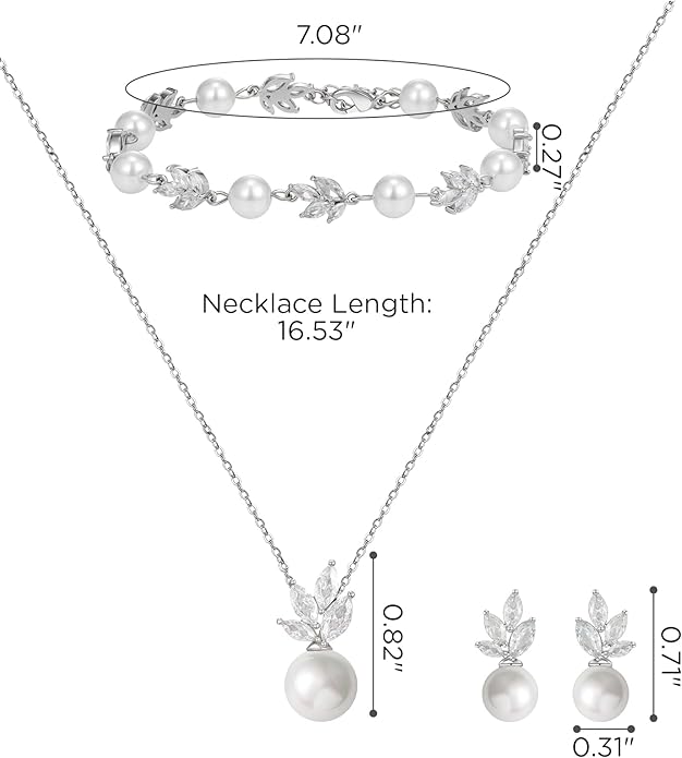 SWEETV Jewelry Set for Bride Women, Cubic Zirconia Pearl Bridal Earrings Necklace Bracelet Set, Bridal Jewelry Set for Wedding Prom