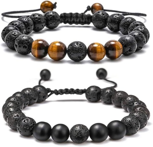 M MOOHAM Natural Stone Bracelets for Men - 8mm Tiger Eye, Matte Agate, Lava Rock - Teen Boys Gifts for Birthday, Anniversary, Christmas