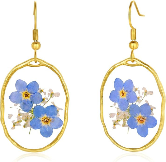 Forget-Me-Not and Queen Anne's Lace Pressed Wildflower Earrings | Pressed Flower Earrings | Handmade Drop and Dangle Earrings | Gift for Woman