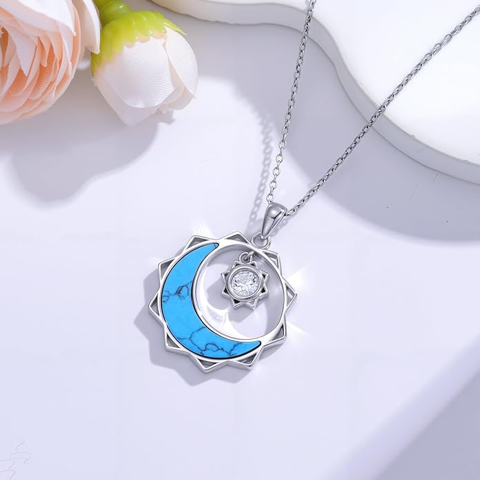 SELKAT 925 Sterling Silver Turquoise Moon Pendant Necklace for Women, Snake/Flower/Bow/Tree of Life/Star Moon Necklace, Dainty Jewelry for Daily Wear & Gifts