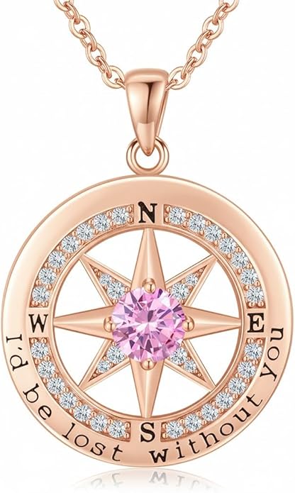 Compass Necklace for Women Wife Girlfriend Mom Daughter Gifts S925 Silver Jewelry For Anniversary Rose Gold Gifts For Birthday Christmas Mothers Valentines Day 12 Birthstones