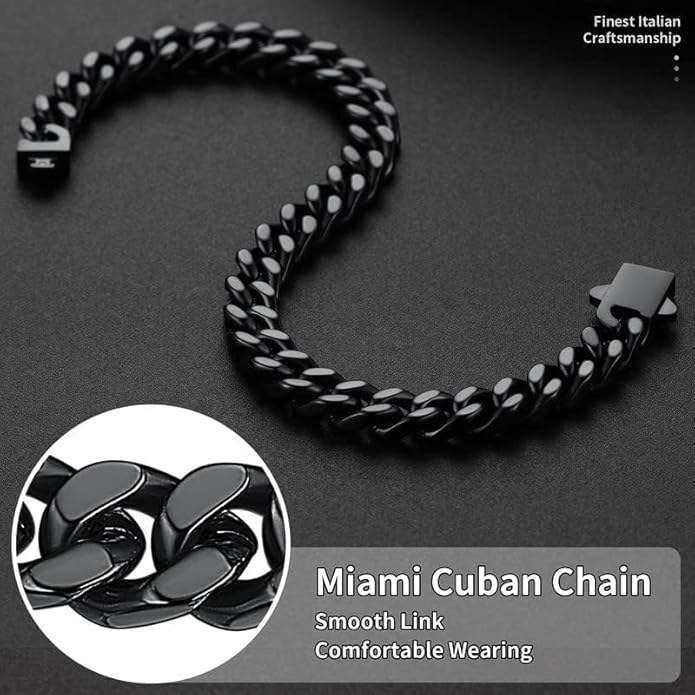 ChainsHouse Stainless Steel Cuban Link Bracelet for Men, 5mm/7mm/9mm/12mm Width, 7.5"/8.3"/9" Length, Black/18K Gold Plated Chain Wrist Bracelets for Men, with Gift Box