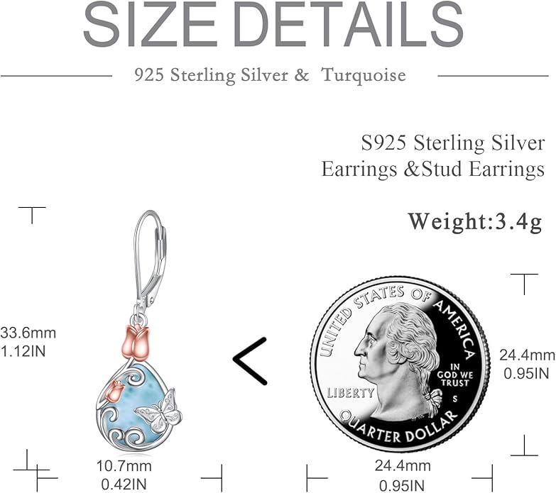 AOBOCO Butterfly/Dragonfly/Bee/Ladybug Leverback Earrings 925 Sterling Silver Rose Lotus Tulip Flower Filigree Dangle Earrings Teardrop Moonstone Larimar Turquoise Abalone Shell Jewelry Birthday Gifts for Women