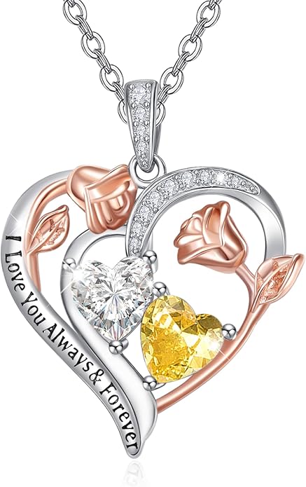 Zeuslia Double Birthstone Necklace Gifts for Wife - 925 Sterling Silver Sunflower/Rose/Crown Cross/Compass/Heart Pendant I Love You Necklace, Anniversary Birthday Gifts for Wife Girlfriend Mom Her