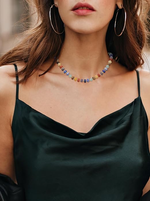 CrystalTears Beaded Gemstone Necklace for Women, Womens Colorful Boho Stone Bead Choker Necklace, Handmade Natural Crystal Stone Summer Beach Jewellery Gifts for Women Mom Christmas