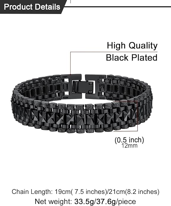 U7 Link Bracelets for Men, Cuban Link/Rope/Watch Band Solid Bracelet, Silver Black Gold Color Wrist Bracelet 3/6/9/12/15mm Width, 6.5/7.5/8.3 Inch Length, Hand Chain Jewelry for Mens Women