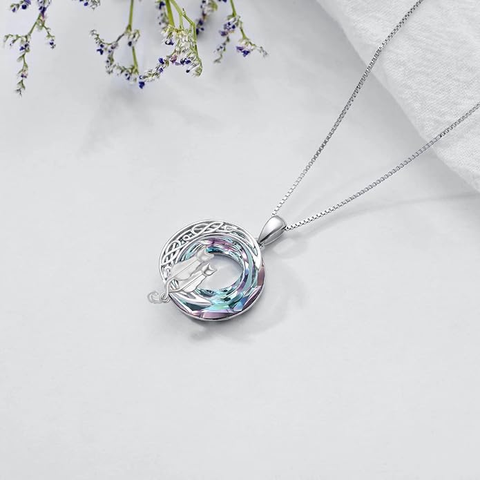 TOUPOP Christmas Cat Gifts for Cats Lovers One Two Three Four Cats Necklace Sterling Silver Cats on the Moon Pendant Necklace with Blue Circle Crystal Birthday Christmas Celtic Jewelry Gifts for Women