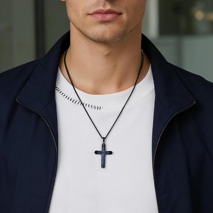 GTMJ Cross Necklace for Men -Stainless Steel & Gemstone Adjustable Box Chain 24-26in, Spiritual Jewelry Gift for Him, Everyday Wear