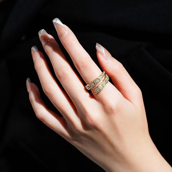 Aura & lrena Adjustable Snake Rings for Wome, 18K Gold or Platinum Plating Open-Ended Ring with AAA Cubic Zirconia Fashion Jewelry, Statement Gift Design Rings for Men and Women Non Tarnish