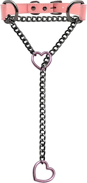 Black Leather Choker Collar For Women, Handmade Heart Slip Chain Choker Long Necklace with Adjustable Buckle