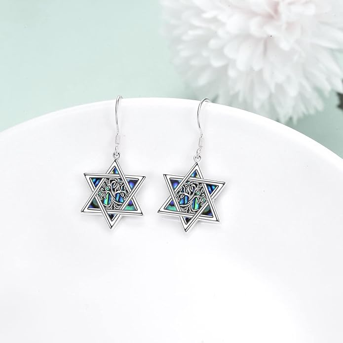 YFN Star of David Earrings Sterling Silver Hebrew Chai Tree of Life Dangle Drop Earrings Jewish Jewelry Gifts for Women