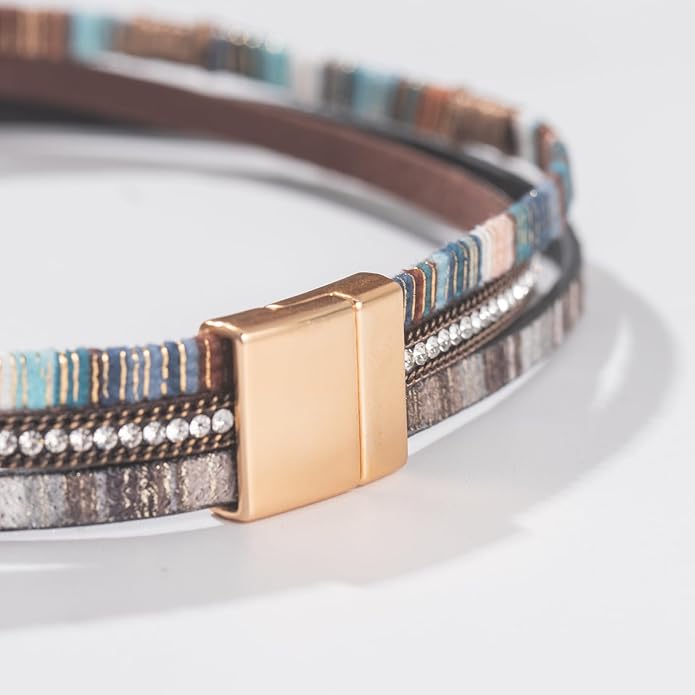 FANCY SHINY Leather Wrap Bracelet Boho Cuff Bangle Bracelets Crystal Bead Bracelet with Magnetic Clasp Jewelry Gifts for Women