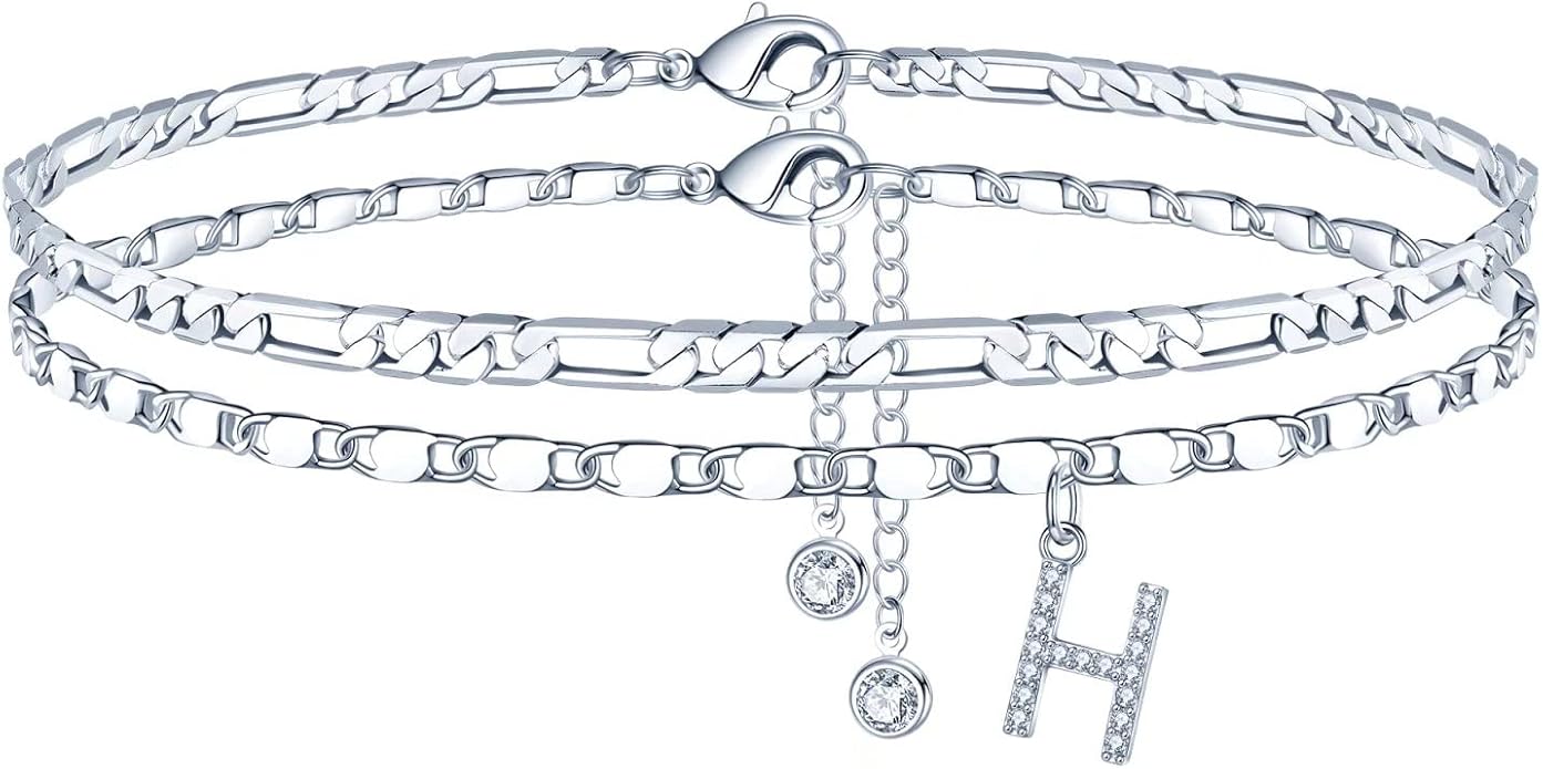 Ursteel Ankle Bracelets for Women, 14K-Gold-Plated Dainty Layered Chain CZ Initial Anklets Set Summer Jewelry Gifts for Women