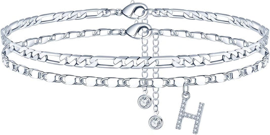 Ursteel Ankle Bracelets for Women, 14K-Gold-Plated Dainty Layered Chain CZ Initial Anklets Set Summer Jewelry Gifts for Women