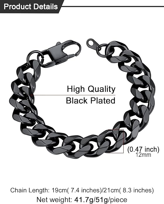 U7 Link Bracelets for Men, Cuban Link/Rope/Watch Band Solid Bracelet, Silver Black Gold Color Wrist Bracelet 3/6/9/12/15mm Width, 6.5/7.5/8.3 Inch Length, Hand Chain Jewelry for Mens Women