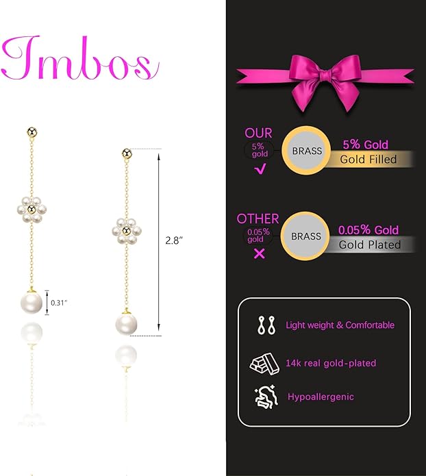 IMBOS Pearl Earrings 14k Gold Plated Daisy Flower Stud Earrings for Women Ball Stud Flat Back Earring Hypoallergenic Statement Earring Trendy Jewelry Gift for Women
