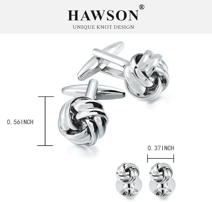 HAWSON Knot Cufflinks and Shirt Studs for Men in Gold or Silver Tone, Matching with White and Black Tuxedo, Suitable for Wedding Day or Formal Occasion.