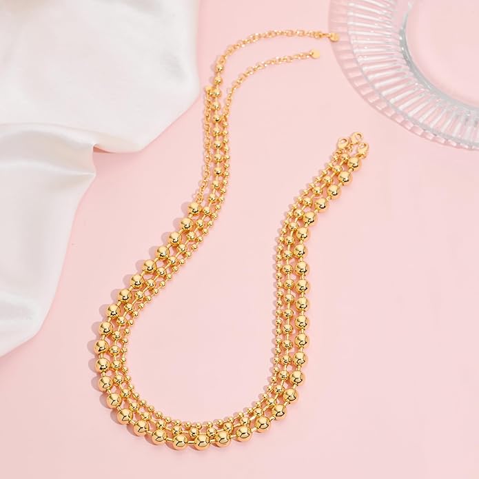 Statement Gold Beads Necklace for Women Vintage Gold Beaded Strand Chain Necklace Fashion Jewelry for Women