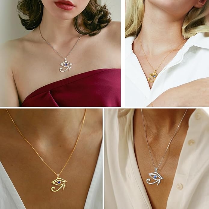 Jewmon Egyptian Eye of Horus Necklace for Women 925 Sterling Silver Blue Eye Pendant Necklace Horus Eye of Ra Necklace Ancient Egyptian Jewelry for Women