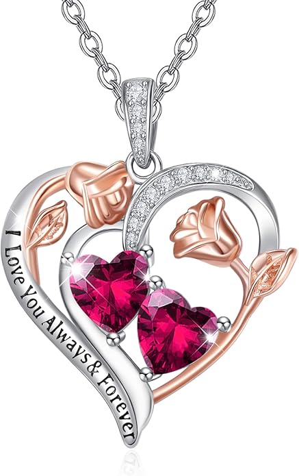 Zeuslia Double Birthstone Necklace Gifts for Wife - 925 Sterling Silver Sunflower/Rose/Crown Cross/Compass/Heart Pendant I Love You Necklace, Anniversary Birthday Gifts for Wife Girlfriend Mom Her