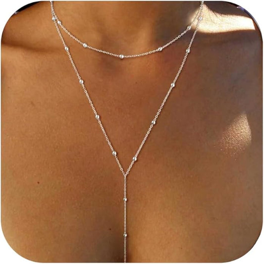 Lariat Necklace for Women, Dainty Long Necklaces, 14k Gold/Silver Plated Y-Shaped Drop Chain Necklace, Simple Layered Necklaces, Trendy Jewelry Gifts for Her