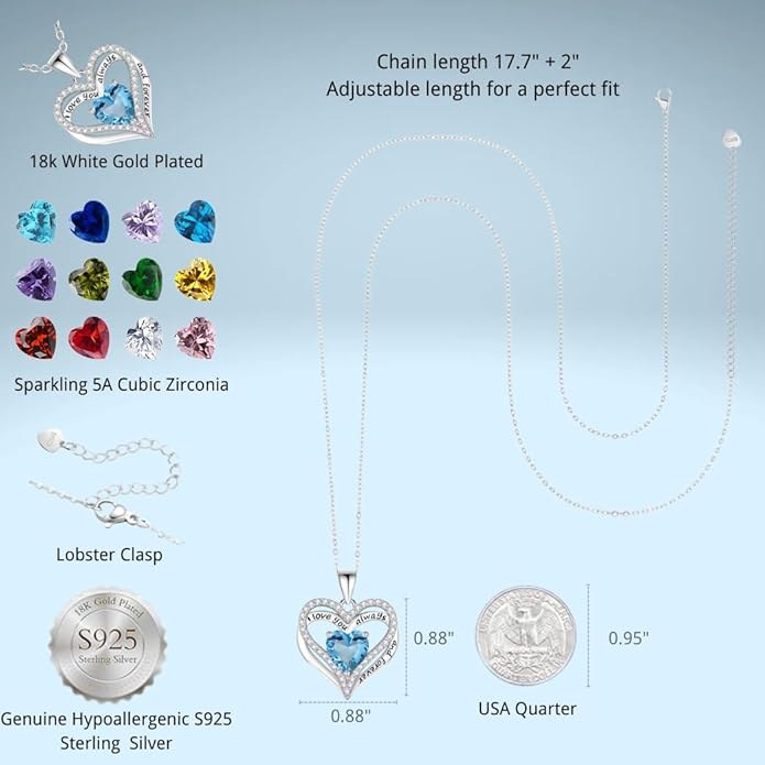 Birthstone Heart Necklace for Women Wife Girlfriend Mom Daughter Gifts S925 Silver Jewelry For Anniversary Rose Gold Gifts For Birthday Christmas Mothers Valentines Day