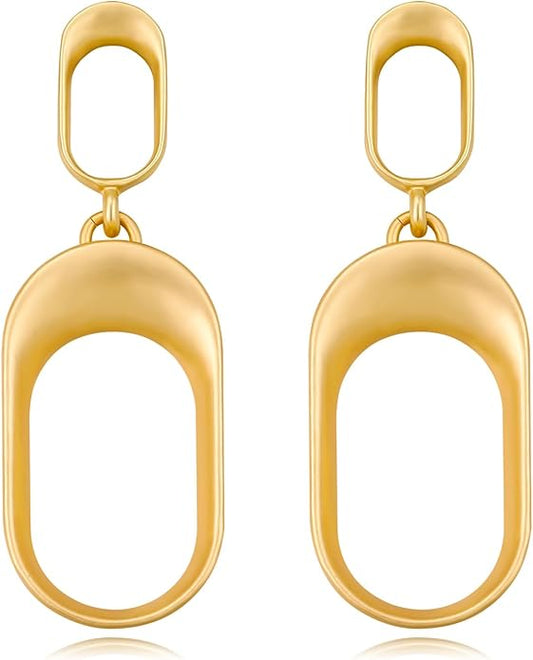 Stud Earrings for Women 14k Gold Plated Geometric Dangle Earrings Lightweight Minimalist Handmade Hammered Texture Oval Disc Drop Double-layer Big Hoop Dangle Earrings for Women