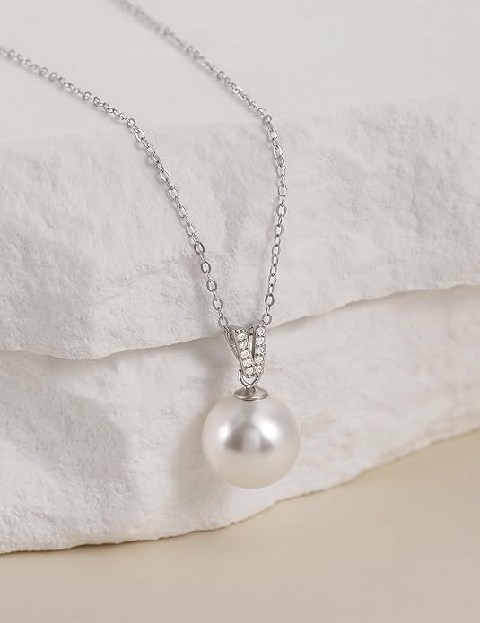 Mameloly Pearl Necklaces for Women Trendy 925 Sterling Silver Dainty V CZ Pendant 10MM/12MM Single Simulated White Pearl Choker Necklace for Women Wedding Cute Jewelry
