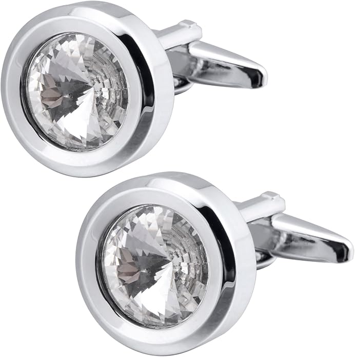 ZEEY Silver Round Crystal Gemstone Cufflinks for Men Women Classic Men's Cufflink Jewelry Set for Business Wedding Party Formal Events Daily Tuxedo Dress Shirt Accessories