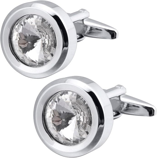 ZEEY Silver Round Crystal Gemstone Cufflinks for Men Women Classic Men's Cufflink Jewelry Set for Business Wedding Party Formal Events Daily Tuxedo Dress Shirt Accessories