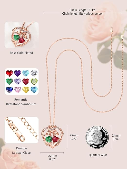 Rose Gold Necklaces for Women Double Birthstone Rose Flower Heart Pendant Necklace Jewelry Anniversary Christmas Valentine's Mother's Day Birthday Gift for Wife Mom Her Girlfriend Sister
