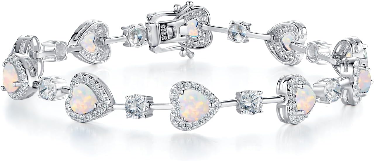 Sterling Silver Tennis Bracelets for Women Opal Gemstone October Birthstone Fine Jewelry Charm Link for Her 7 Inches