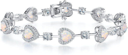 Sterling Silver Tennis Bracelets for Women Opal Gemstone October Birthstone Fine Jewelry Charm Link for Her 7 Inches
