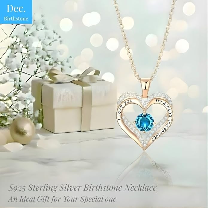 Birthstone Heart Necklace for Women Wife Girlfriend Mom Daughter Gifts S925 Silver Jewelry For Anniversary Rose Gold Gifts For Birthday Christmas Mothers Valentines Day