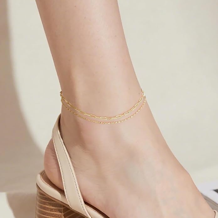 14K Gold Anklets for Women Gold Ankle Bracelets for Women Double-Layer Design Delicate Chain Stacked with Paperclip Link Anklets for Womens ankles bracelets