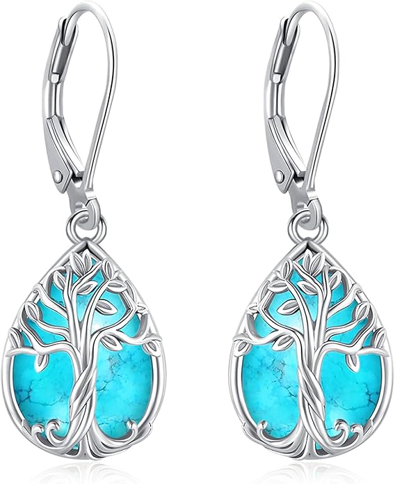 Eusense Sterling Silver Dangle Earrings for Women Tree of Life Animals Moonstone Turquoise Leverback Earrings Jewelry Gifts