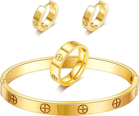 3 Pcs Hoop Earrings Bracelets Ring Sets for Women-18K Gold Plated Love Bracelet Cubic Zirconia Cuff Bangle Hoop Earrings Friendship Love Ring Jewelry Set,Wedding Party Christmas Valentine's Day Birthday Gifts for Her Girlfriend Sister Daughter