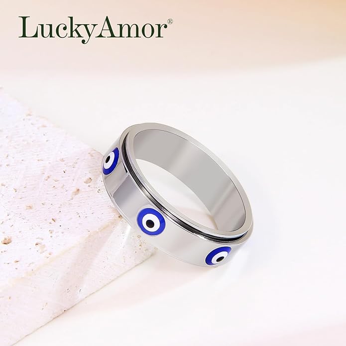 Evil Eye Fidget Ring for Women - 18K Gold Plated Stainless Steel Spinner Rings for Anxiety Relief, Ojo Turco Ring Luck Amulet, Turkish Faith Protection Stackable Jewelry Gift for Women Men