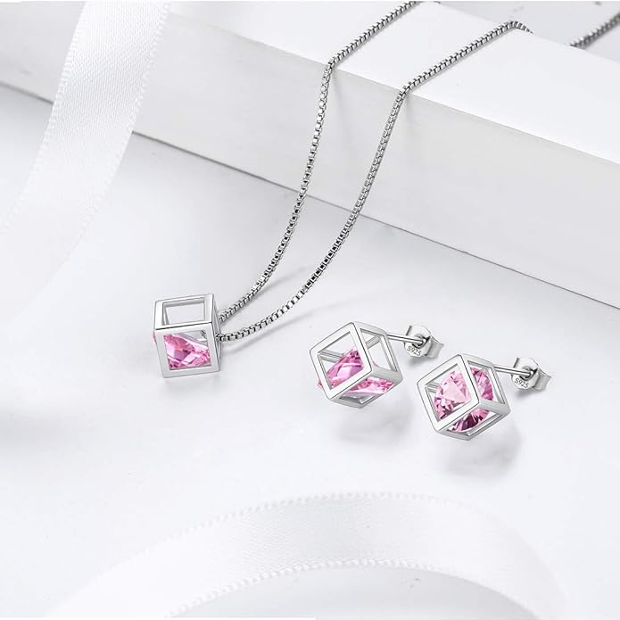 Aurora Tears Birthstone Necklace/Earring 925 Sterling Silver Women Cross/3D Cube/Cresent Moon Birth Stone Jewelry Mens Birthday Gift Anniversary Present