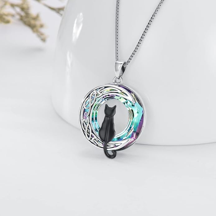 TOUPOP Christmas Cat Gifts for Cats Lovers One Two Three Four Cats Necklace Sterling Silver Cats on the Moon Pendant Necklace with Blue Circle Crystal Birthday Christmas Celtic Jewelry Gifts for Women