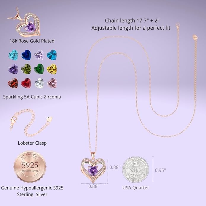 Birthstone Heart Necklace for Women Wife Girlfriend Mom Daughter Gifts S925 Silver Jewelry For Anniversary Rose Gold Gifts For Birthday Christmas Mothers Valentines Day
