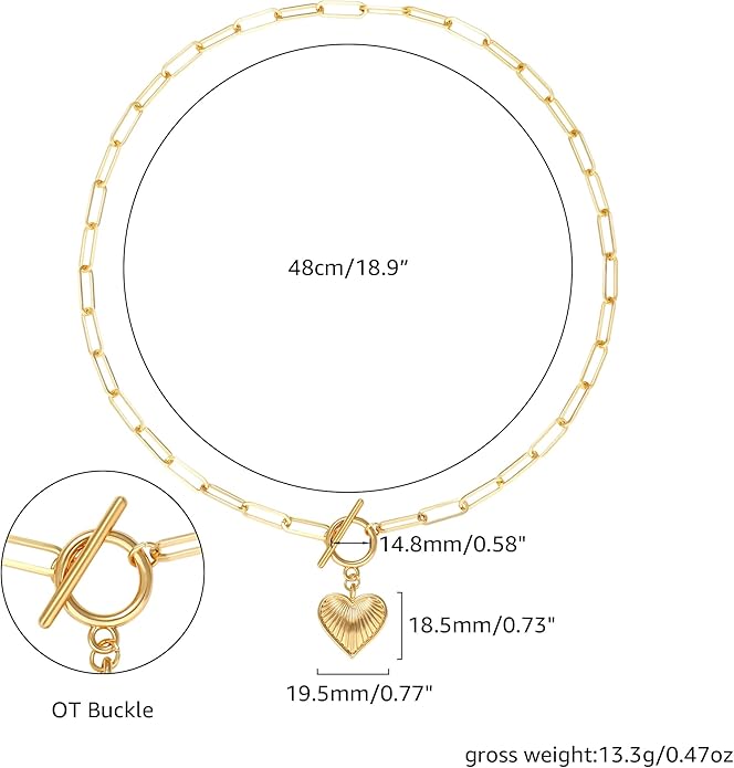 Chunky Gold Necklace for Women, 18K Waterproof Heart Necklace Statement Necklace Gold Charm Necklace Chunky Jewelry Paperclip Chain Choker Gift for Women