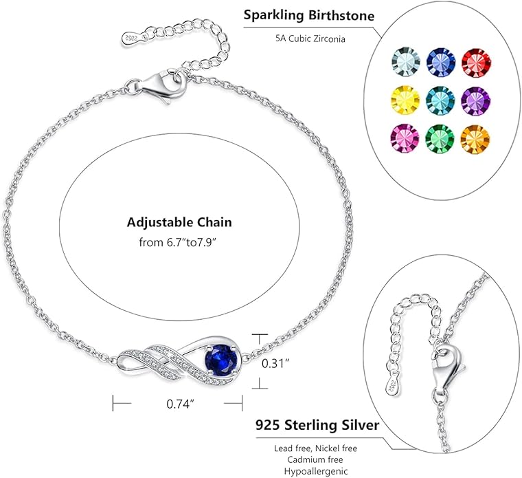Birthstone Bracelets for Women 925 Sterling Silver Created Gemstone Bracelet Infinity Pendant Jewelry for Her, 6.7"+1.2"
