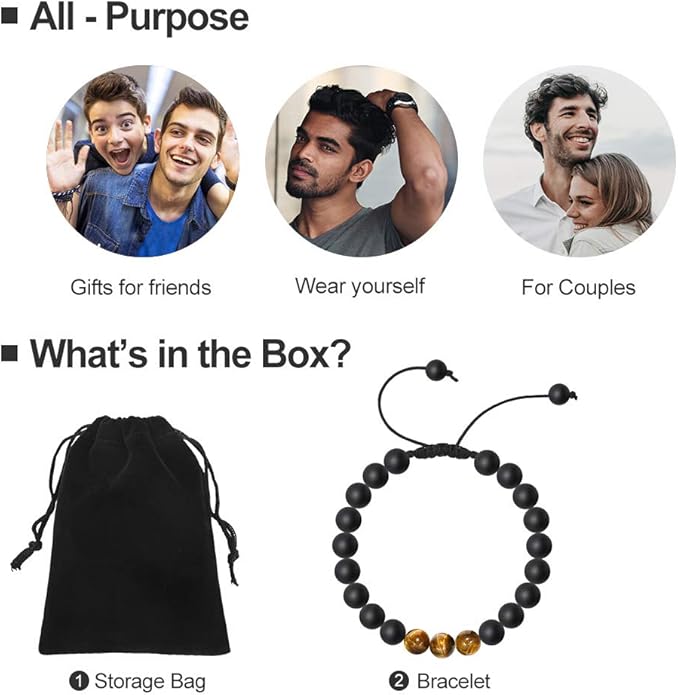 M MOOHAM Natural Stone Bracelets for Men - 8mm Tiger Eye, Matte Agate, Lava Rock - Teen Boys Gifts for Birthday, Anniversary, Christmas